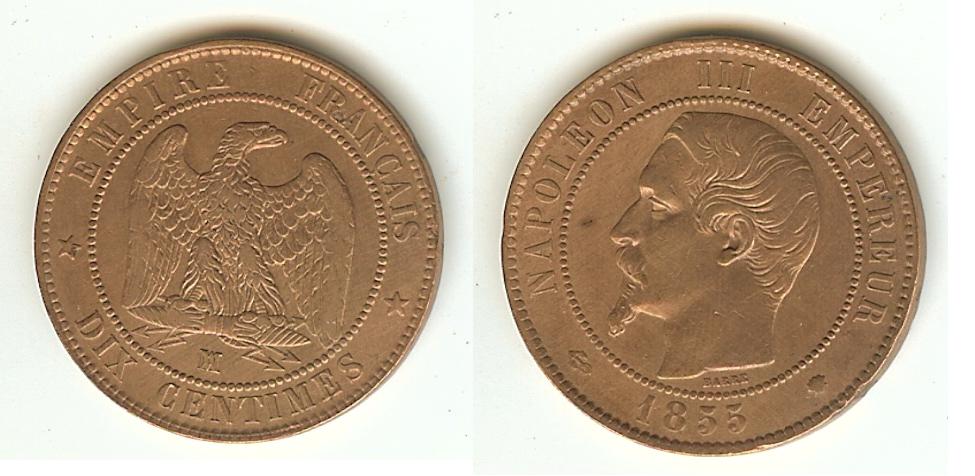 Dix centimes Napoléon III, tête nue 1855 Marseille TTB+